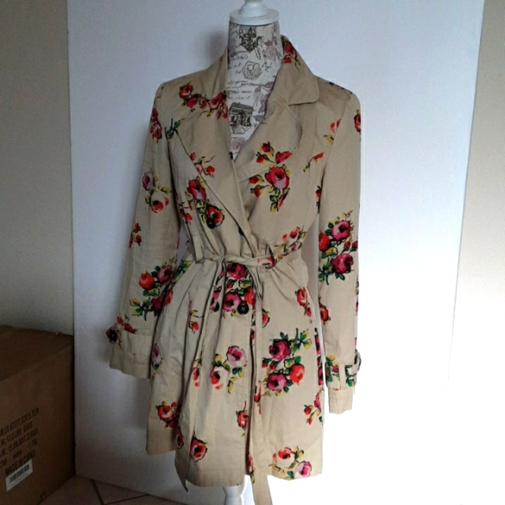 Anthropologie Tulle Trench Coat, Tan/Floral, Lightweight, Size M